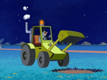 a cartoon drawing of a yellow tractor with a man in the driver 's seat