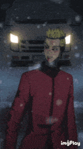a man in a red jacket with a yin yang symbol on the back