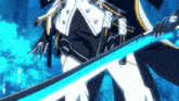 a person holding a blue sword in their hands
