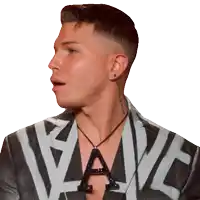 a man with a tattoo on his neck has a necklace with the letter a on it