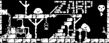 a black and white pixel art drawing of a castle with a skull on the bottom .