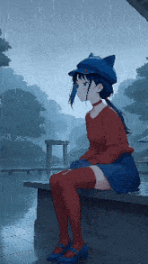 a pixel art of a girl wearing a cat hat sitting in the rain