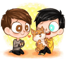 a drawing of two boys holding a dog with a heart in the background