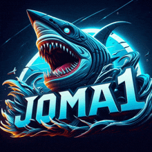 a shark with its mouth open and the word jomal written below it