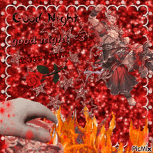 a picture of a man holding a red rose with the words good night written on it