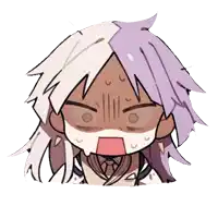 a cartoon drawing of a person with purple hair making an angry face