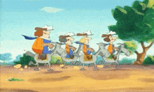 a group of cartoon characters are riding donkeys in a line