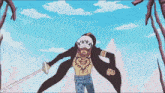 a cartoon character is flying through the air with a blue sky behind him