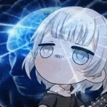 a cartoon girl with white hair and blue eyes is standing in front of a blue brain .