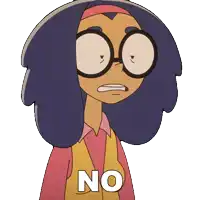 a cartoon girl with glasses says no in white letters