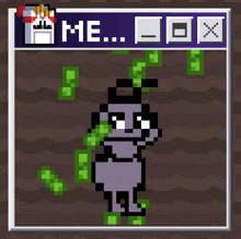 a pixel art of a cat with money coming out of its mouth and the words me box above it