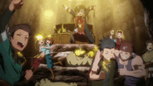 a group of people are standing around a treasure chest and one of them has a letter v on his hat