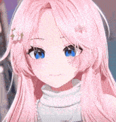 a girl with pink hair and blue eyes is smiling