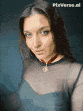 a woman wearing a choker and a sheer top with pixverse.ai on the bottom