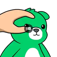 a cartoon of a green teddy bear being petted by a person