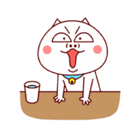 a cartoon cat is sitting at a table with a cup of water in front of it