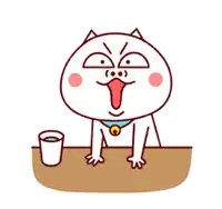 a cartoon cat is sitting at a table with a cup of water in front of it