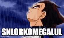 a cartoon character is looking up at the sky with the words `` snlorkomegaul '' written on it .