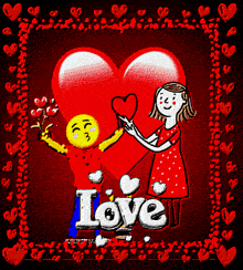 a cartoon of a man giving a heart to a woman with the word love on the bottom right