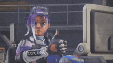 a cartoon character with purple hair and a hat that says im fearless