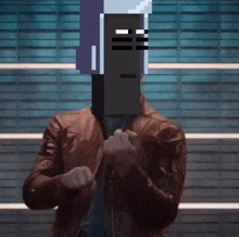 a man in a brown jacket and tie has a pixelated face on his face