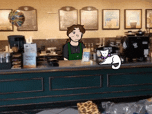 a cartoon drawing of a woman behind a counter with a cat on it