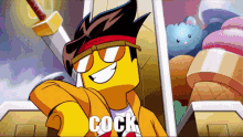 a cartoon of a man with a sword and the word cock below him