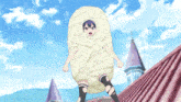 a girl with blue hair is wrapped in a white blanket