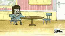 a cartoon of a man sitting at a table with cn hd written in the corner