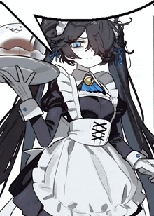 a drawing of a girl in a maid outfit holding a plate