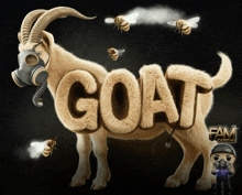 a goat wearing a gas mask with the word goat written on it