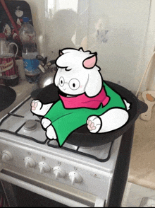 a drawing of a sheep sitting in a pan on a stove with a schweppes bottle in the background
