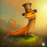 a lizard wearing a top hat is standing on a grassy hill