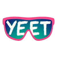 a pair of pink sunglasses with the word yeet written on them