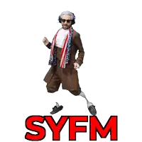 a man in a costume with syfm in red letters behind him