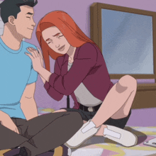 a man and a woman are sitting on a bed and the woman is smiling