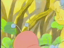 a cartoon of a snail crawling on a plant with a yellow background