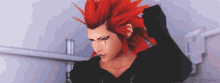 a video game character with red hair is standing in front of a white wall .