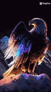an eagle is sitting on a rock with its wings outstretched and a capcut logo in the corner