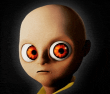 a bald cartoon character with big red eyes