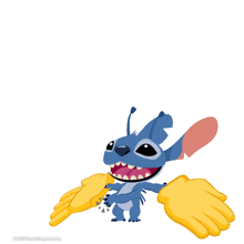 a cartoon of stitch giving a high five with a yellow hand covering his face