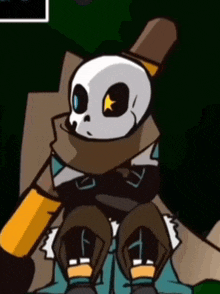 a cartoon drawing of a skeleton with a yellow star in his eye