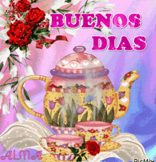 a greeting card that says buenos dias with a teapot and two cups