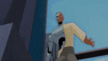 a man and a robot are standing next to each other in a cartoon .