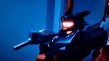 a close up of a robot with red lights on its eyes