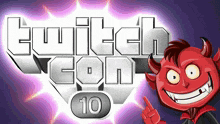 a logo for twitch con 10 with a red devil