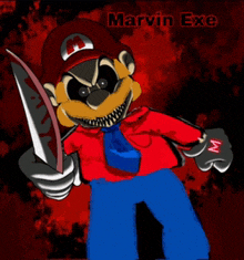 a cartoon of mario holding a bloody knife with the name marvin exe written on the bottom