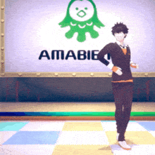 a man in a suit is dancing in front of a amabie sign