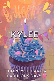 a birthday card for kylee with a cupcake with blue frosting and a lit candle