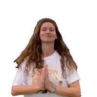 a woman wearing a t-shirt that says " now " on it